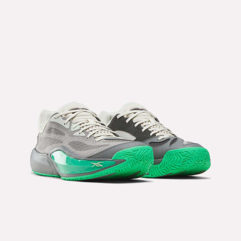 The Reebok Engine A 26 Basketball Shoes feature gray and white engineered mesh uppers for enhanced breathability, green and black soles with green accents on the midsole, comfortable SuperFloat foam cushioning underfoot, white laces, and a sleek low-top design.