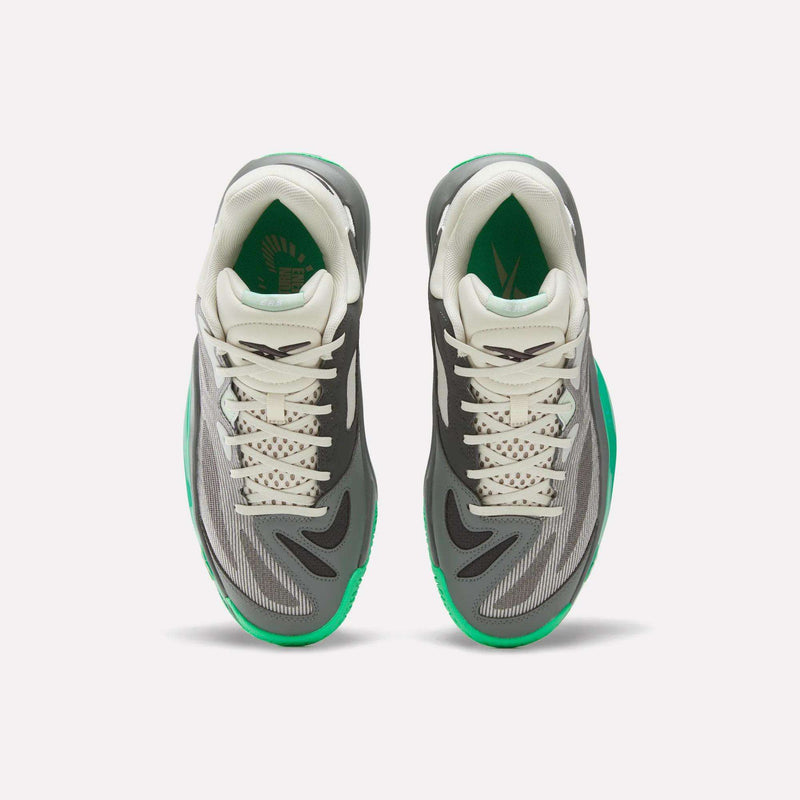 A pair of Reebok Engine A 26 Basketball Shoes in gray and white with green accents, featuring an engineered mesh upper for enhanced breathability, viewed from above on a white background.