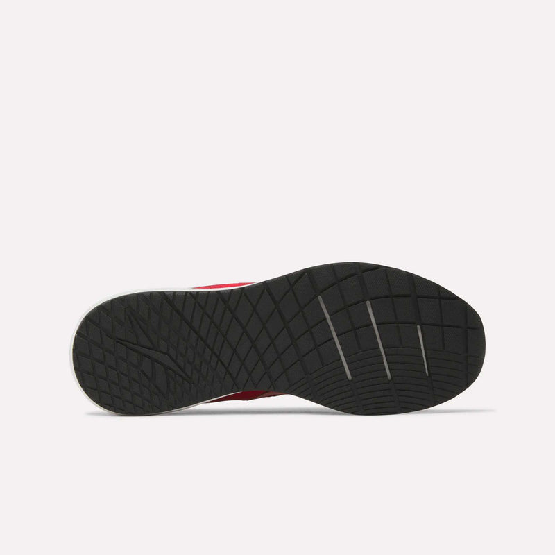 Bottom view of a black rubber sole from the Reebok Men's Nanoflex 2 Training Shoes, showcasing a textured, grid-like tread pattern with several diagonal grooves, set against a plain white background.