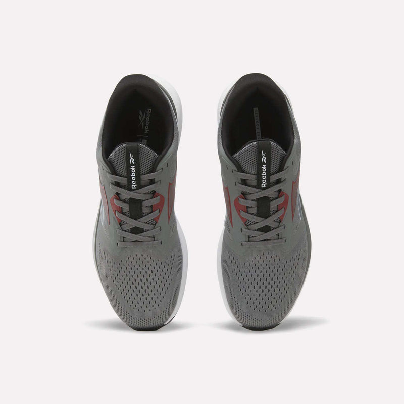 A pair of gray Reebok Men's Nanoflex 2 Training Shoes viewed from above, featuring black interiors, white soles, and red accents on the sides, with Reebok branding on the tongues. These athletic shoes are designed with breathable mesh for enhanced comfort during intense training sessions.