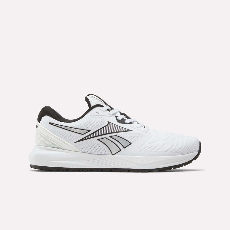The Reebok Women's Nanoflex 2.0 Training Shoes in White/Black/Silver feature a mesh-like upper, black accents and laces, a black sole, and a stylized side logo—perfect for your next workout.