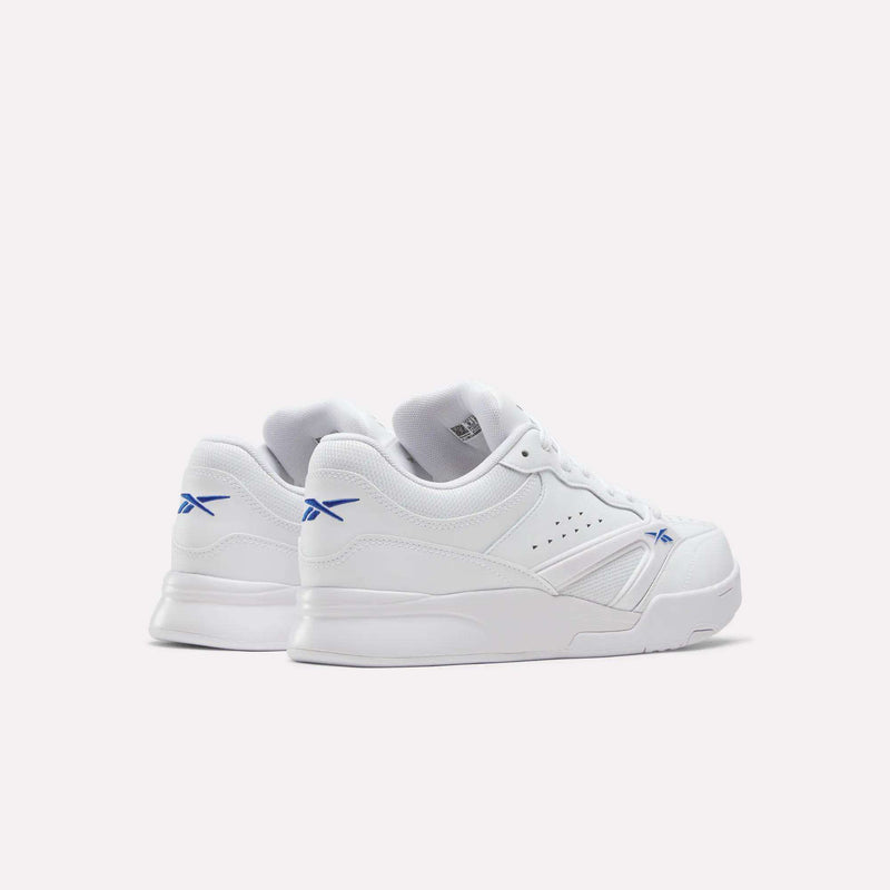 A pair of Reebok Omni Edge Shoes in white, showcasing blue logos on the sides and a leather upper, are displayed on a plain light background and photographed from the back and side angles to highlight their classic retro basketball style.