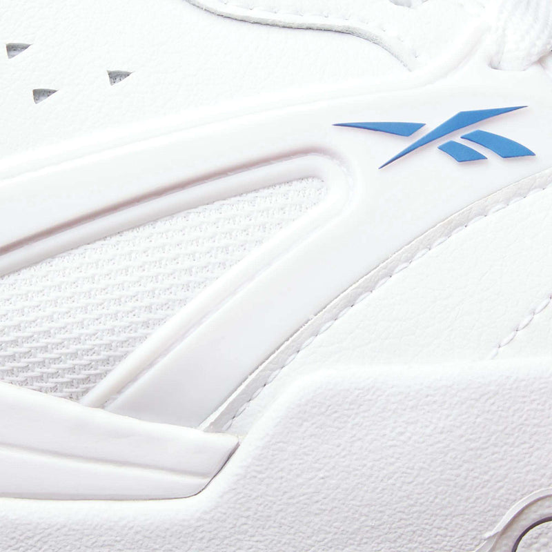 Close-up of the Reebok Omni Edge Shoes, a white sneaker with a leather upper, textured panels, and a blue Reebok logo on the side—drawing inspiration from classic retro basketball shoe designs.
