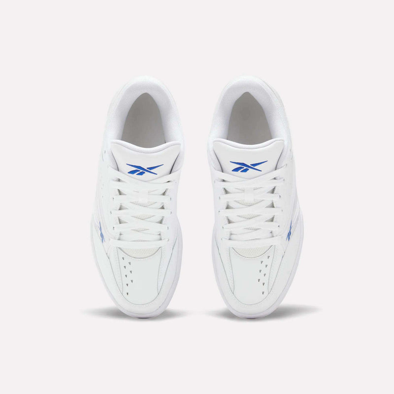 A pair of Reebok Omni Edge Shoes in white, featuring blue logo accents and a premium leather upper inspired by classic basketball styles, are shown from above, positioned side by side on a plain light background.
