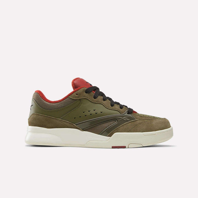 Introducing the Reebok Omni Edge Shoes, a low-top premium sneaker in Olive Stone, Army Green, and Heritage Red. Featuring black laces, red accents on the tongue and heel, perforated side panels, and a white rubber sole, these basketball court shoes are designed to deliver both style and comfort. Presented against a plain background.