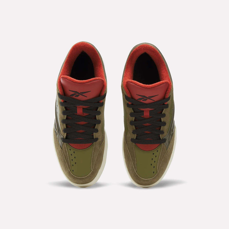 A pair of Reebok Omni Edge Shoes seen from above, showcasing olive green and tan uppers, black laces, and red interiors with the Reebok logo on the tongue—premium basketball sneakers from Reebok.