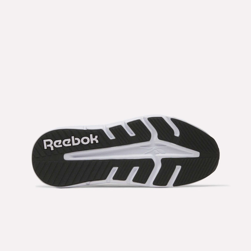 The image displays the black and white rubber outsole of the Reebok Nano Gym 2.0 Training Shoes, featuring a geometric tread pattern for grip and the white Reebok logo on the heel.