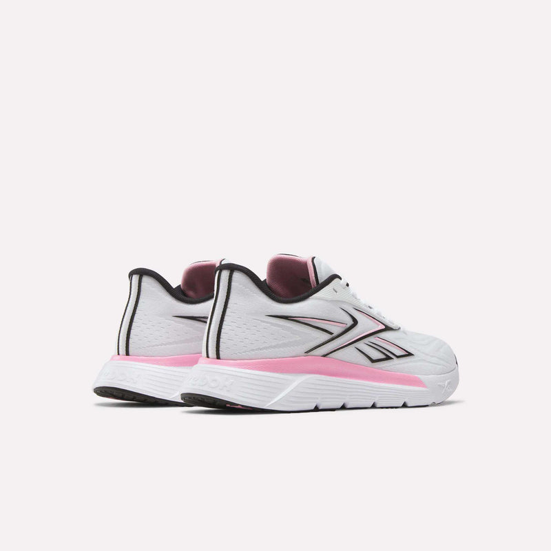 Women's Reebok Nano Gym 2.0 Training Shoes in white with pink accents and black details, shown from a rear-side angle against a light background—ideal for your workout sessions.