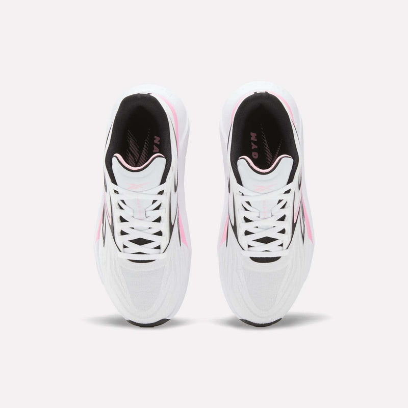 A top view of Reebok Women's Nano Gym 2.0 Training Shoes in white with pink and black accents, shown side by side on a light background, highlighting their laces and stylish design.