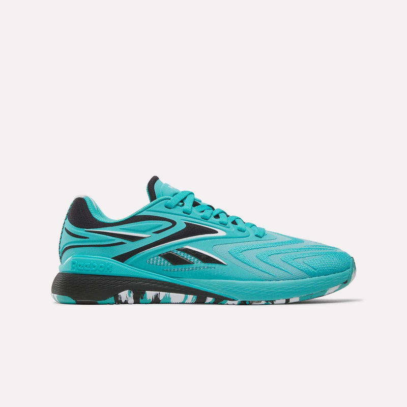 A side profile view displays the Women’s Nano X5 Edge Training Shoes by Reebok in bright turquoise with black accents, featuring a textured upper and a patterned black-and-white sole, set against a plain white background. Engineered for versatility, these training shoes combine style and performance as an ideal choice for women’s workouts.