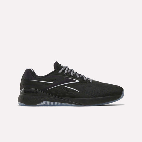 A black Reebok Nano X5 Edge Training Shoe with white accents and a geometric sole, featuring a lace-up design and a low-cut silhouette, is shown from the side on a plain white background—engineered for peak performance.