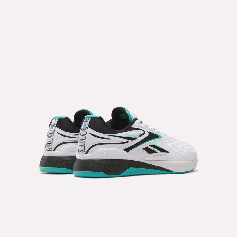 The Reebok Nano X5 Edge Training Shoes in white with black and teal accents are displayed from the back and side angles against a plain white background—ideal for high-performance workouts.