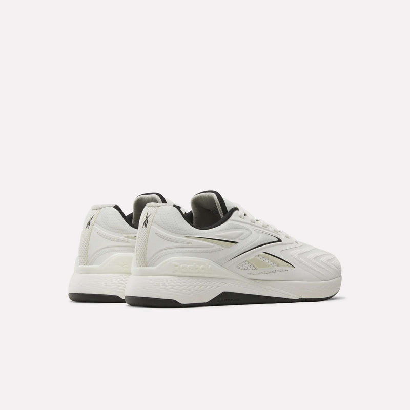 A pair of Reebok Nano X5 Edge Training Shoes in white with black accents and textured Flexweave sides, shown from the back and side on a plain white background.