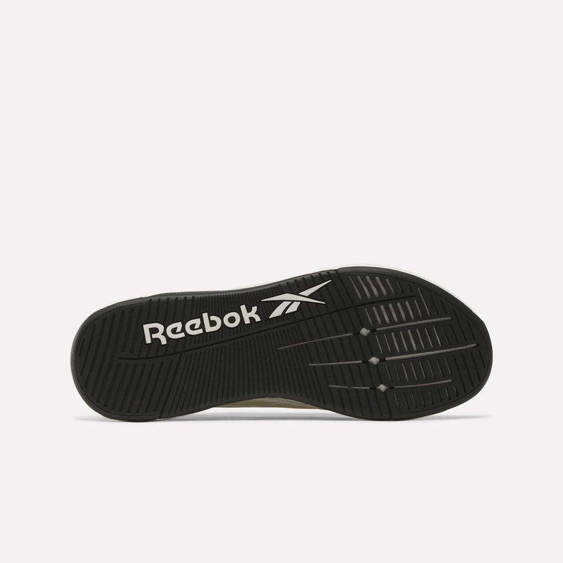 A black sole of the Reebok Nano X5 Edge Training Shoes, showcasing the white Reebok logo and vector, with grooved tread patterns for traction and Flexweave technology, photographed against a plain white background.