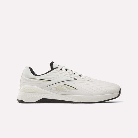 A white Reebok Nano X5 Edge Training Shoe with black detailing is shown in a side view against a clean, light background. Engineered for precision training, it boasts a breathable mesh upper and a textured sole—making it perfect for intensive workout sessions.