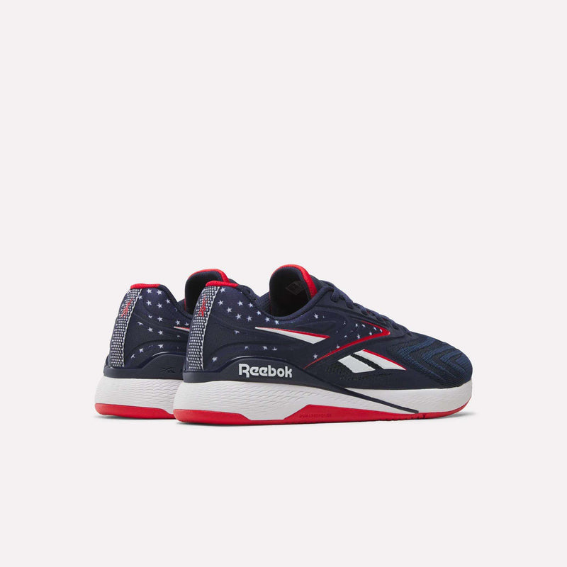 A pair of Reebok Nano X5 Edge Training Shoes with a durable Flexweave upper in navy blue, white, and red, featuring white stars on the heel and a red outsole, shown against a plain white background.