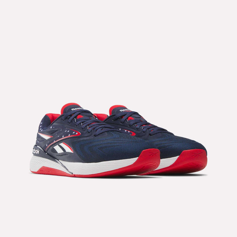 A pair of Reebok Nano X5 Edge Training Shoes in navy blue with Flexweave uppers, white and red accents, white midsoles, and red outsoles is displayed on a white background.