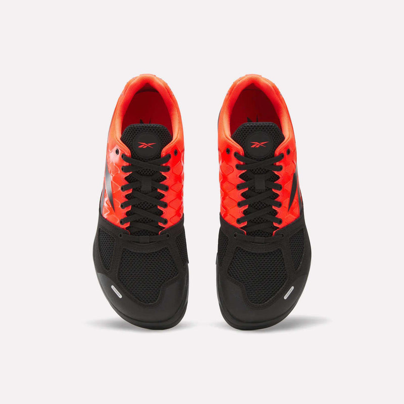 Reebok Men's Nano 2.0 Training Shoes—featuring black mesh toes and laces, vibrant orange-red sides, and inner lining—ideal for functional fitness, displayed from above on a white background.
