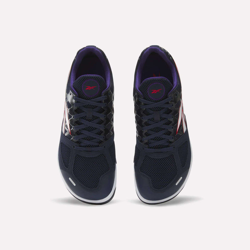 A pair of Reebok Men’s Nano 2.0 Training Shoes in navy blue, featuring white soles, red and white side stripes, and black laces—designed for functional fitness—are viewed from above on a plain white background.