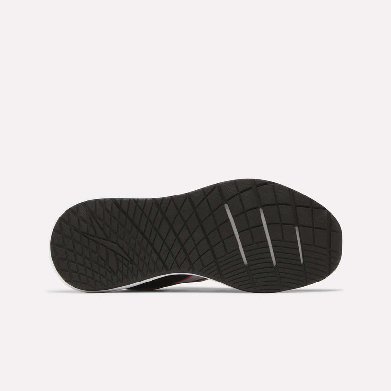 Showcased on a plain white background, the Women's Nanoflex 2.0 Training Shoes by Reebok feature a black sole with a textured diamond-pattern tread and three horizontal grooves near the toe—ideal for stylish and versatile women’s workouts.