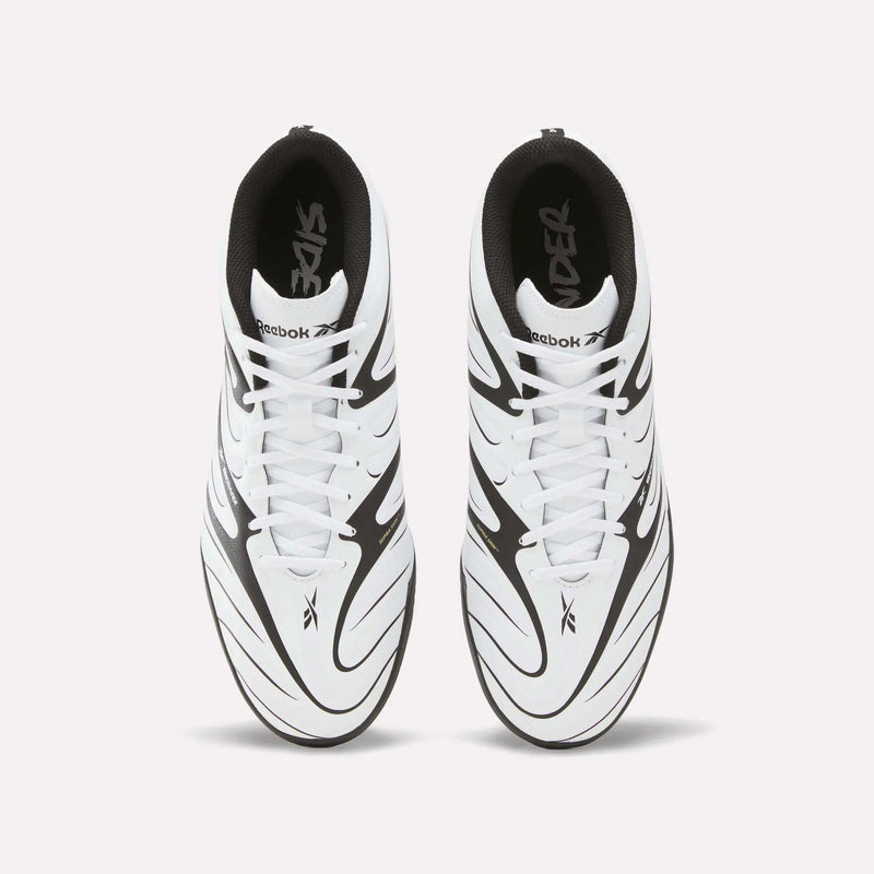 A top view of the Reebok Sidewinder 26 League Turf Cleats, featuring a striking white and black zigzag design, black inner lining, and white laces, placed side by side on a plain light background—ideal for turf players who want to make an impression on artificial soccer fields.