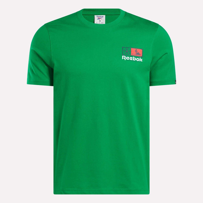 The Reebok Mexico Football T-Shirt is a comfortable cotton crewneck with short sleeves and a small red and black Reebok logo on the left chest, ideal for everyday wear.