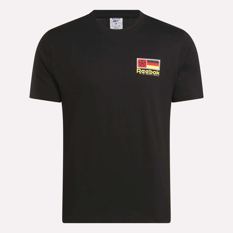The Reebok Deutschland Football T-Shirt is crafted from soft cotton jersey, featuring a small red, yellow, and white Reebok logo and graphic on the left chest, with short sleeves and a classic crew neckline.