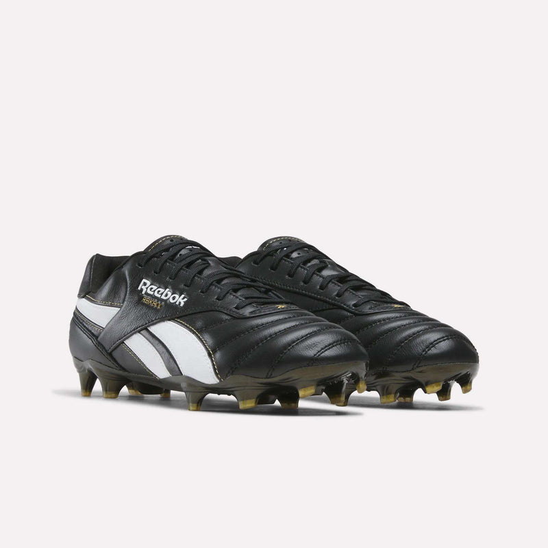 Black Reebok RBK800 Pro Firm Ground Soccer Cleats featuring a premium leather upper, a white side stripe, and clear stud soles.