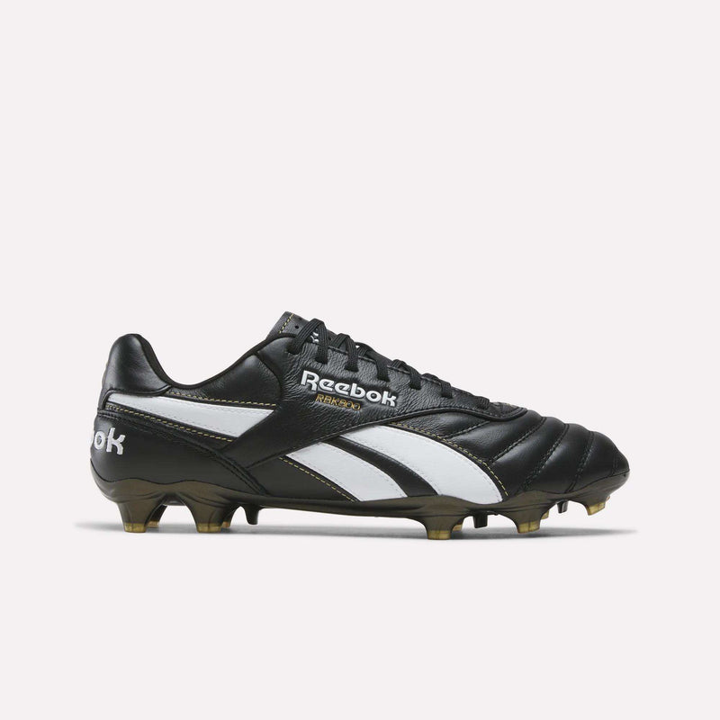 RBK800 Pro Firm Ground Soccer Cleats in black, featuring a white side stripe and clear plastic studs designed for firm ground.