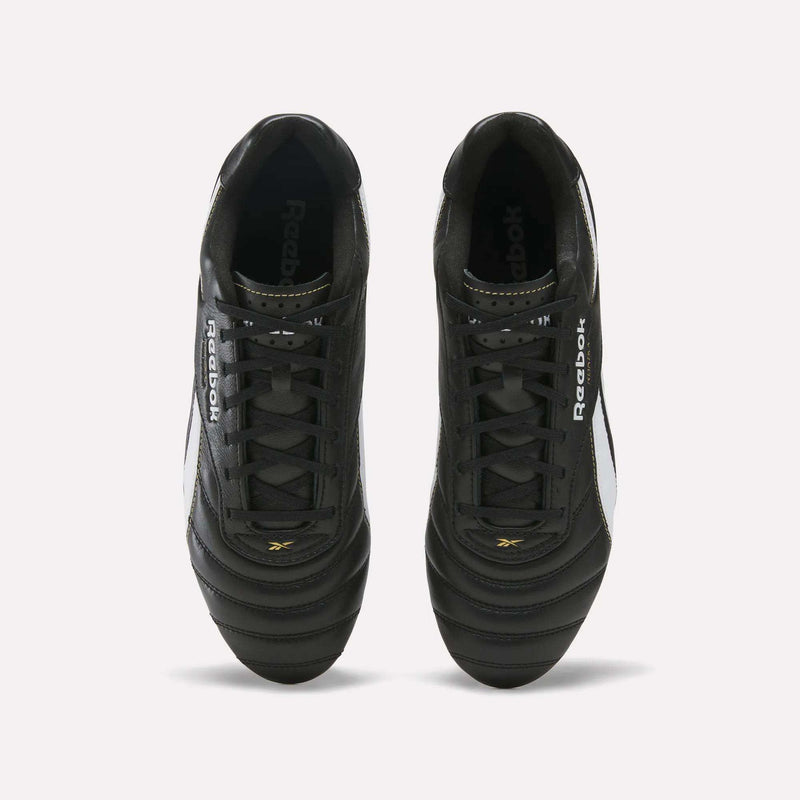 Top-down view of a pair of black Reebok RBK800 Pro Firm Ground Soccer Cleats for firm ground.
