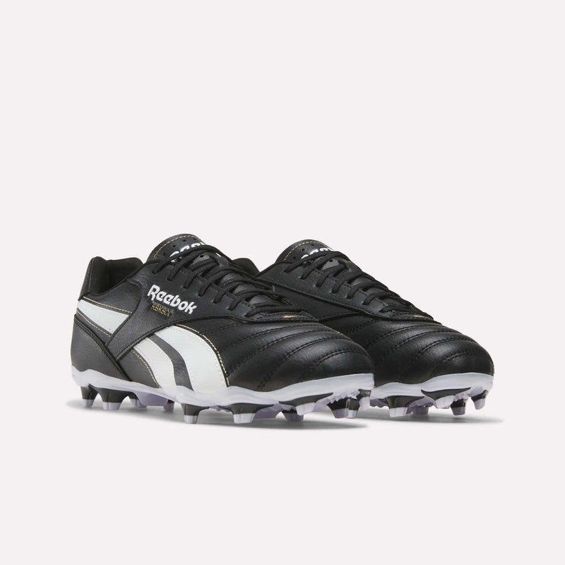 RBK800 League Firm Ground Soccer Cleats in black with white side stripes and molded studs on the sole for firm ground traction.