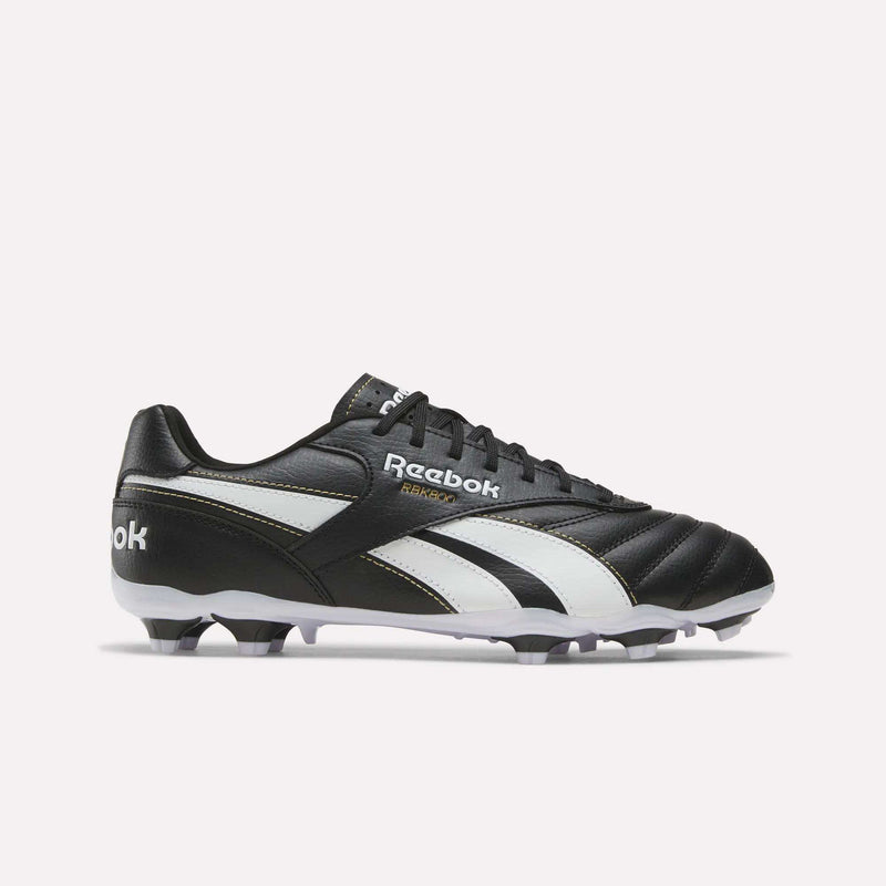 Black Reebok RBK800 League Firm Ground Soccer Cleats featuring a white side stripe and molded studs for reliable traction.