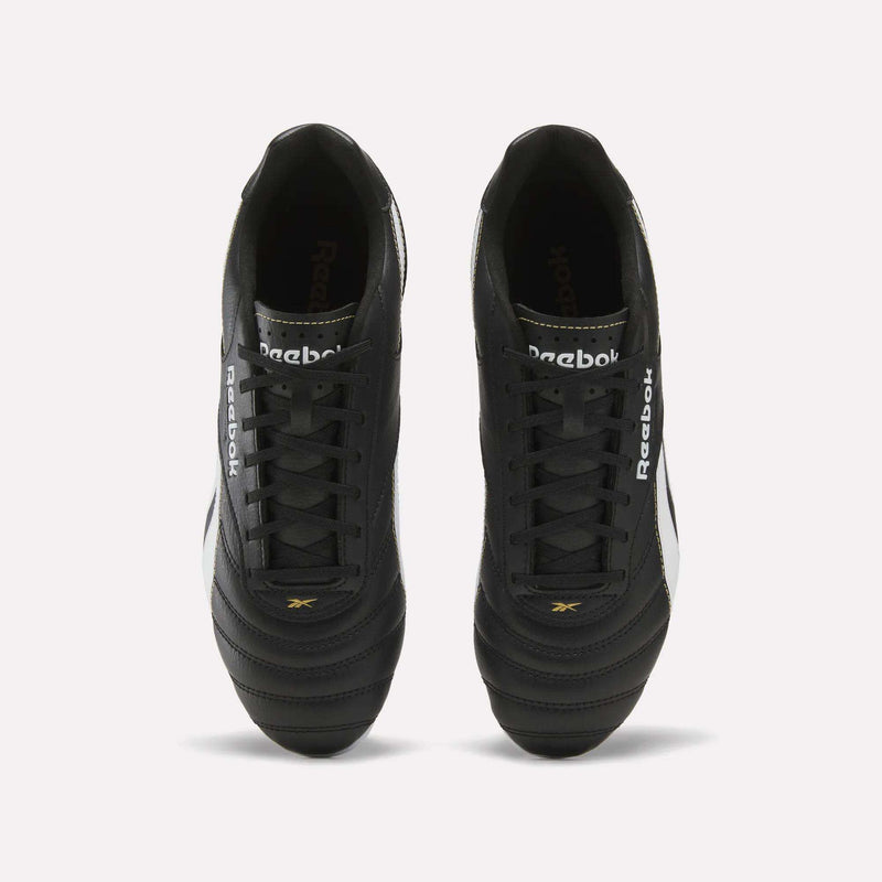 RBK800 League Firm Ground Soccer Cleats in black with white side stripes, black laces, and optimized ground traction.