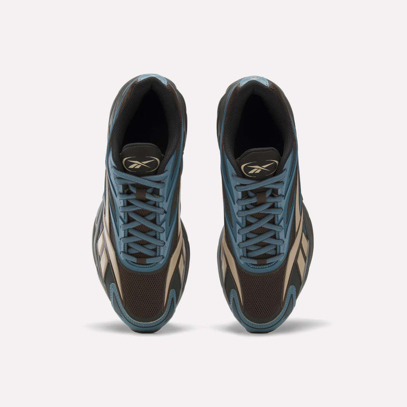 Top-down view of a pair of brown and blue Reebok Premier Road 1000 Shoes with black laces.