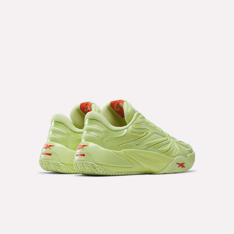 A pair of Reebok Angel Reese 1 Basketball Shoes in light green with chunky soles, red logo accents, and reflective details, showing heels and sides against a plain white background.