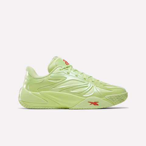 The Reebok Angel Reese 1 Basketball Shoes in Grid Green feature a textured sole, sleek wave-like side designs, and a red logo near the heel and tongue, with the Reebok Energy Return System for comfort, shown from the side on a plain white background.
