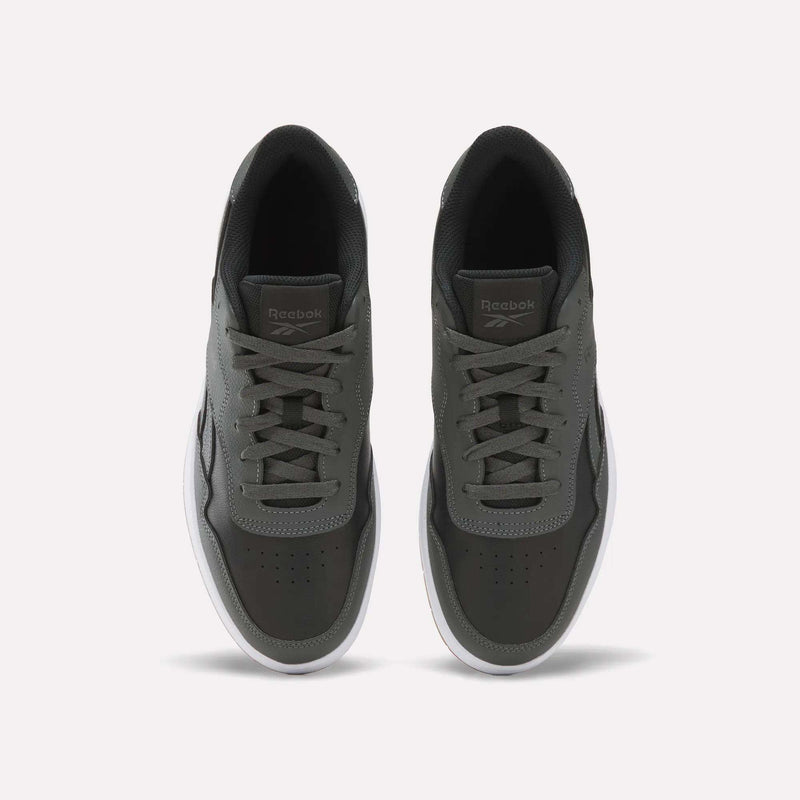 A pair of Reebok Men’s BB 1000 Shoes in dark green, featuring classic side-stripe detailing, white soles, laces, and perforated toe areas, viewed from above on a plain white background—perfect for everyday wear.