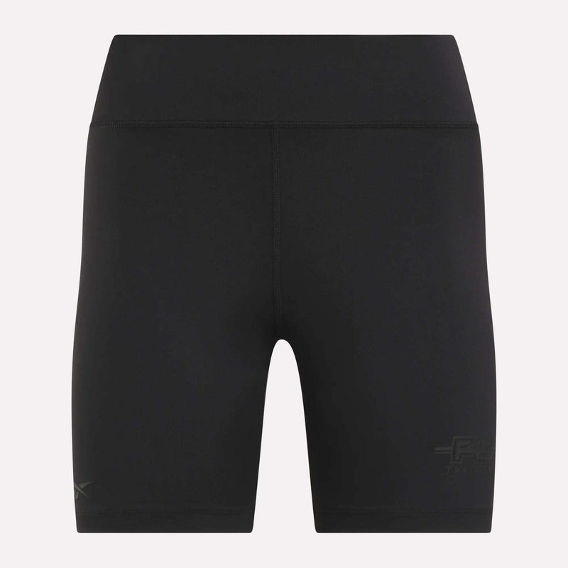 Women's Reebok x F45 Training High-Rise Biker Shorts, featuring a black, fitted design with subtle Reebok branding near the lower legs. Shown against a plain light background, these high-waisted shorts are crafted for performance without visible pockets or drawstrings—ideal for F45 Training and other high-intensity workouts.
