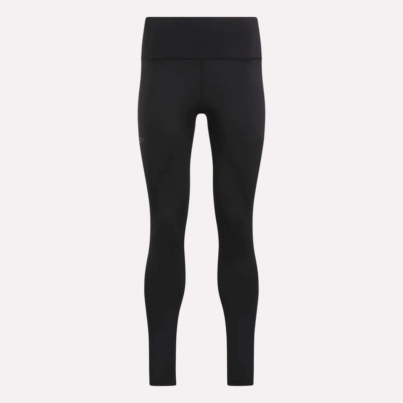 Women's Reebok x F45 Training Leggings in black, featuring a high-waisted, seamless design and a wide, supportive waistband—displayed on a light gray background from the front—ideal for high-intensity workouts and F45 Training.