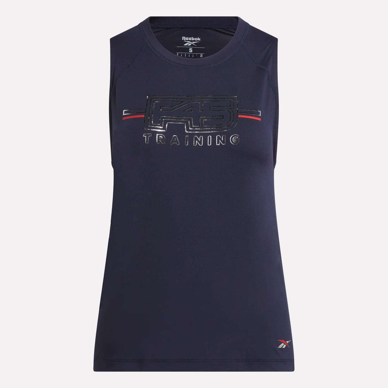 The Women's Reebok x F45 Training Coach Tank Top features a navy blue, sleeveless design with "F45 TRAINING" on the front and a small Reebok performance logo by the bottom hem.