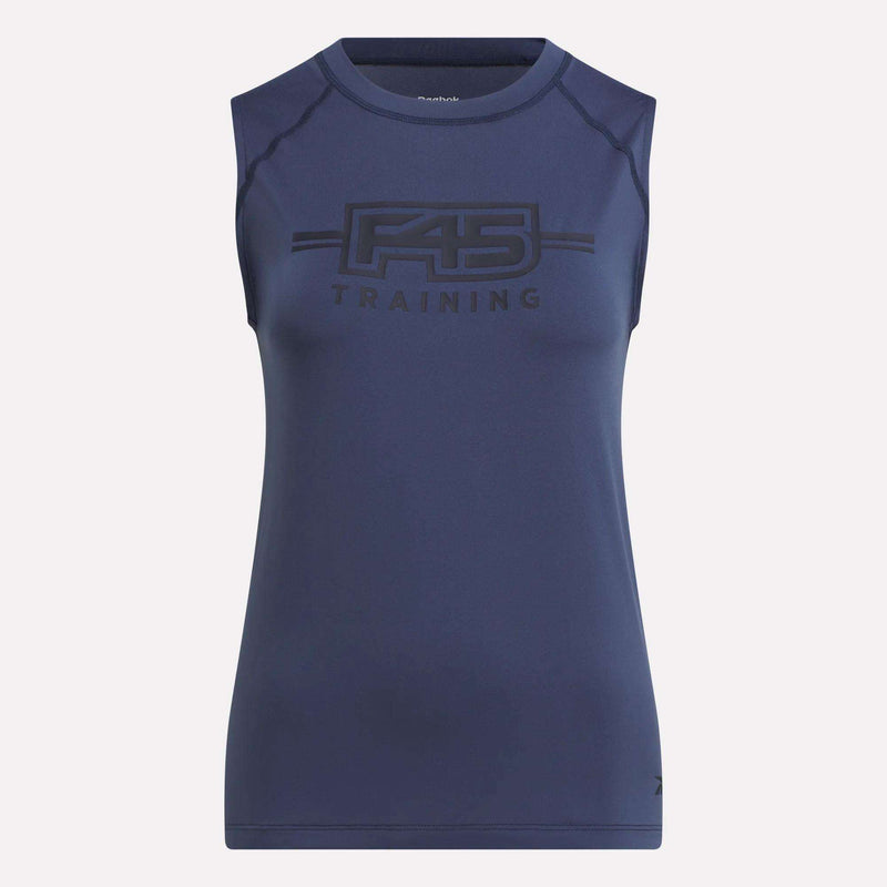 The Women's Reebok x F45 Training Tank Top features a sleeveless navy design with a black F45 Training logo, sweat-wicking fabric, crew neckline, and stylish shoulder seam details for comfort.