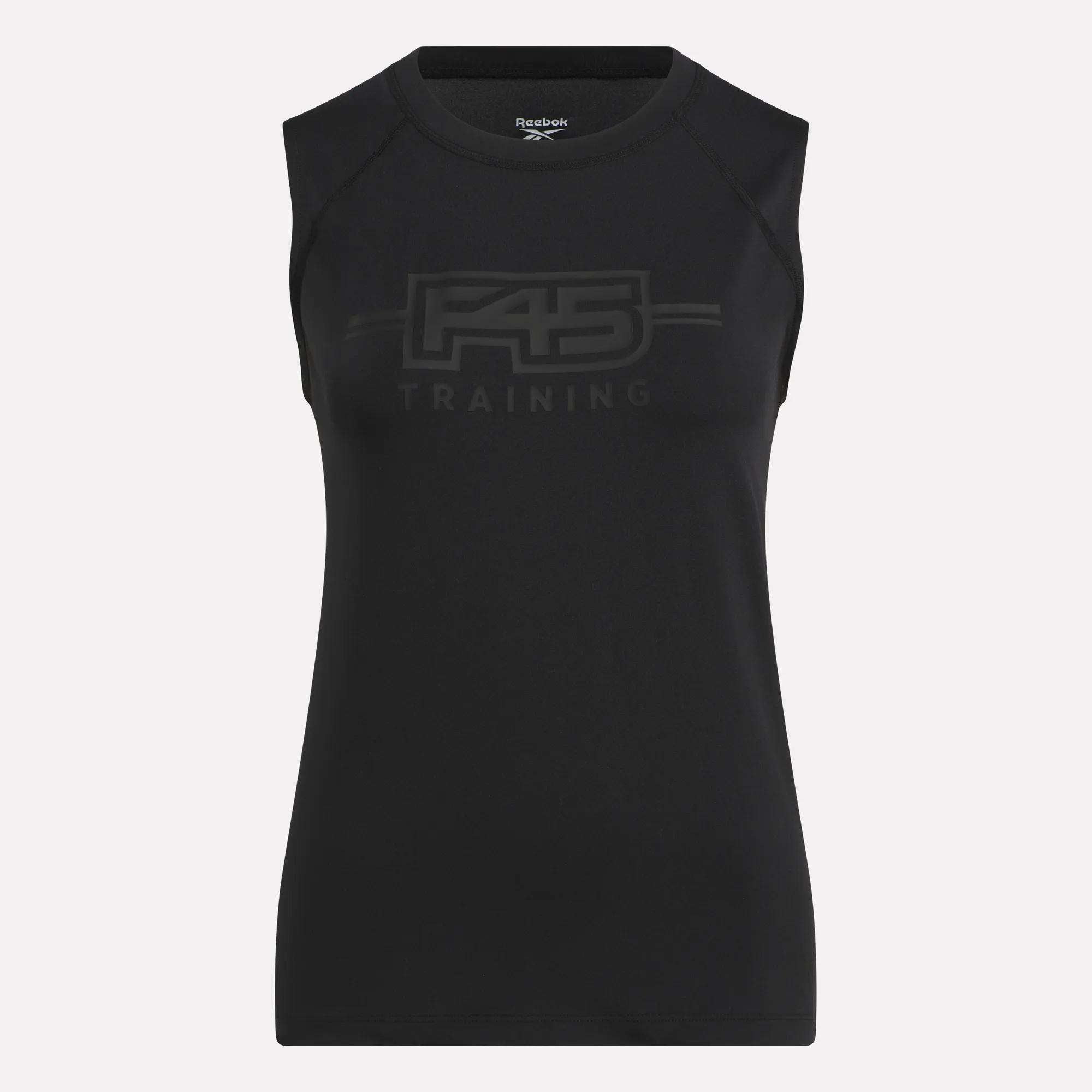 The Women's Reebok x F45 Training Tank Top features sweat-wicking fabric, large subtle F45 Training lettering across the chest, and a small Reebok logo at the neckline.