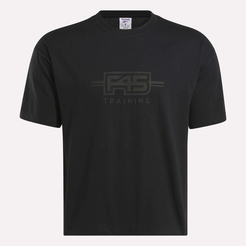The Reebok x F45 Training Tonal Graphic T-Shirt is a black short-sleeve cotton tee with a subtle F45 TRAINING logo on the front center, shown against a plain white background.
