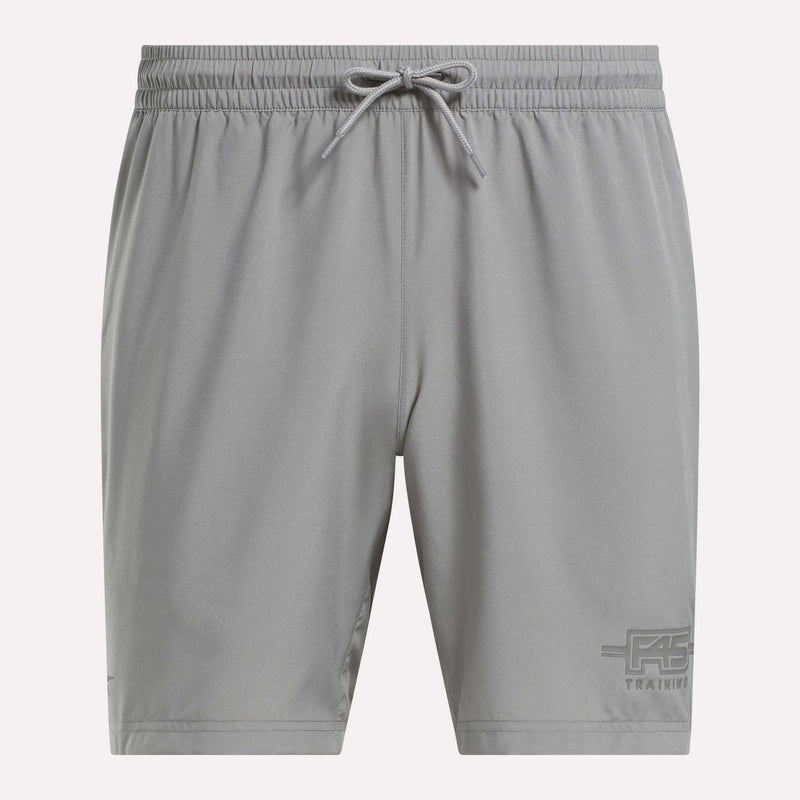 Men's Reebok x F45 Training Woven Shorts feature a gray design, elastic waistband with drawstring, and subtle logo. Lightweight fabric makes them perfect for F45 or high-intensity workouts.