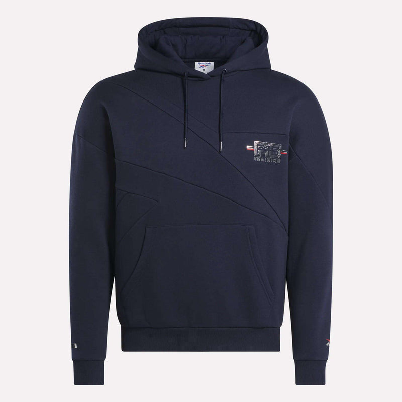 The Men's Reebok x F45 Training Coach Fleece Hoodie in navy features a small left-chest logo patch, kangaroo pocket, ribbed cuffs and hem, black drawstrings, and diagonal seams for added style.