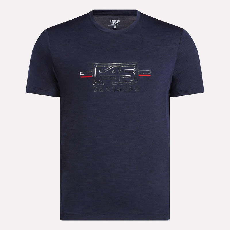 Men's Reebok x F45 Training Coach T-Shirt in navy with short sleeves, featuring a subtle F45 logo and red, white, and blue chest stripes.