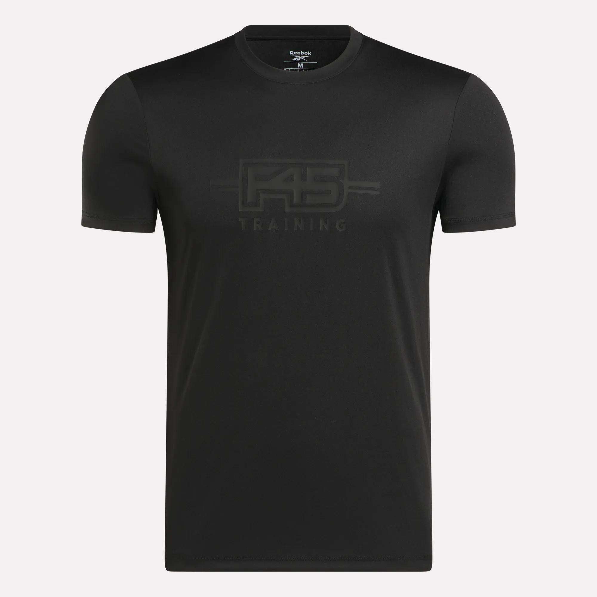 The Men's Reebok x F45 Training T-Shirt features short sleeves, a black design, and a subtle dark "F45 Training" logo across the chest, highlighting Reebok’s performance quality.