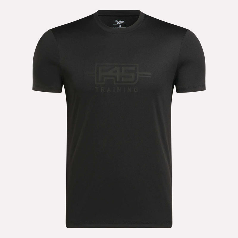 The Men's Reebok x F45 Training T-Shirt features short sleeves, a black design, and a subtle dark "F45 Training" logo across the chest, highlighting Reebok’s performance quality.