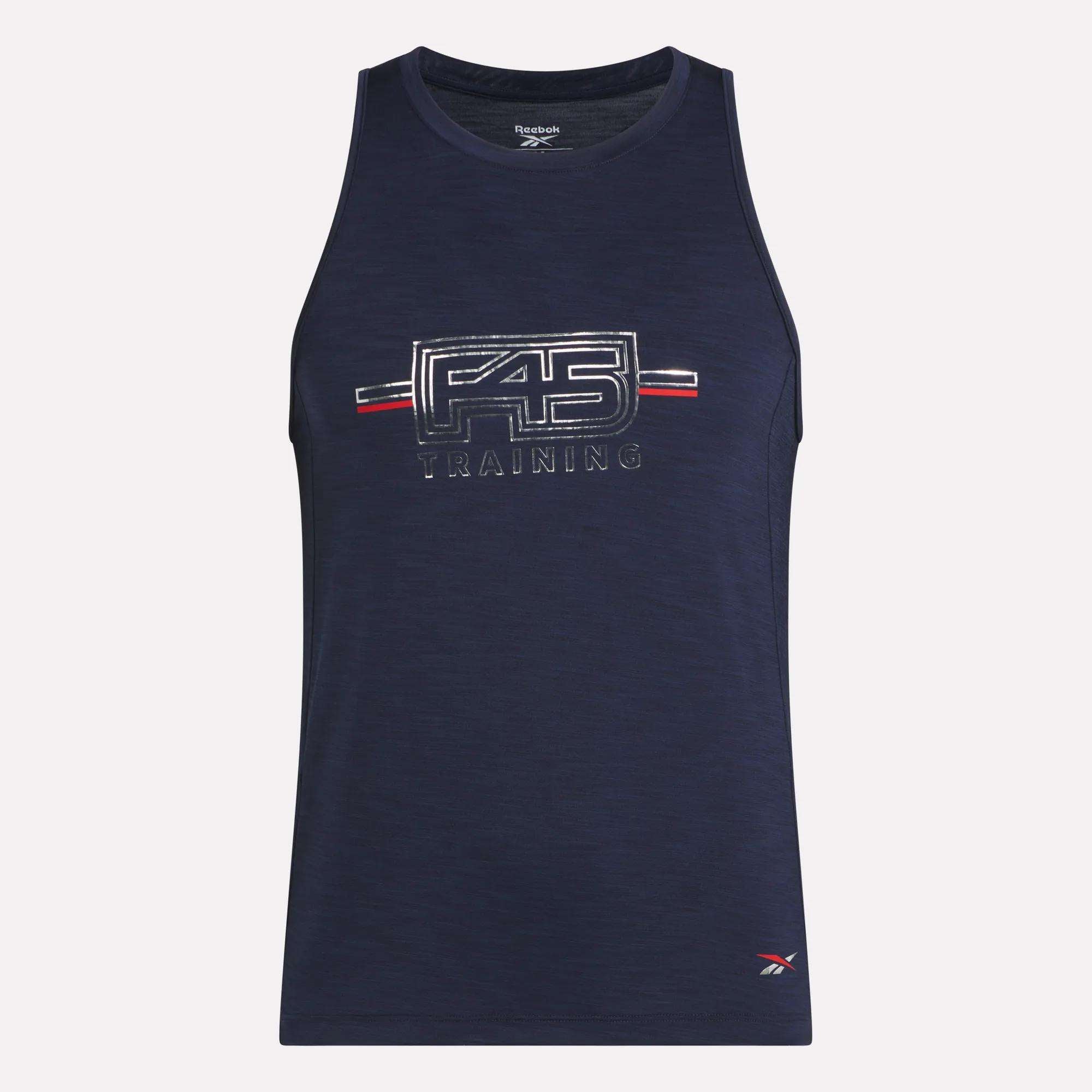 Men's Reebok x F45 Training Coach Tank Top—sleeveless navy design for high-intensity training, featuring the F45 Training logo at center and a small Reebok logo near the bottom hem.