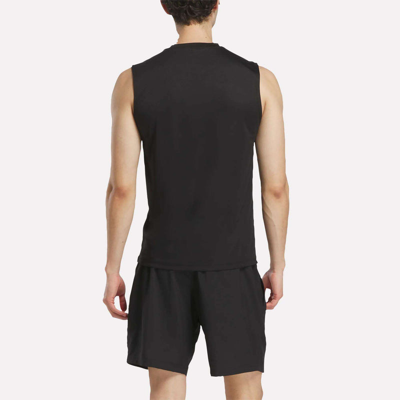 A person wearing a Men's Reebok x F45 Training Tank Top and black shorts stands facing away, displaying the back of their outfit against a plain white background—ideal attire for high-intensity workouts or F45 Training sessions.